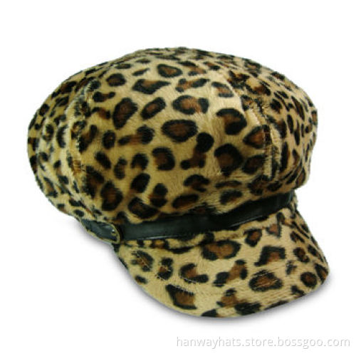 Ladies Leopard Print Fashion Bakerboy Cap with Black PVC Band and Brass Metal Buckle Trim